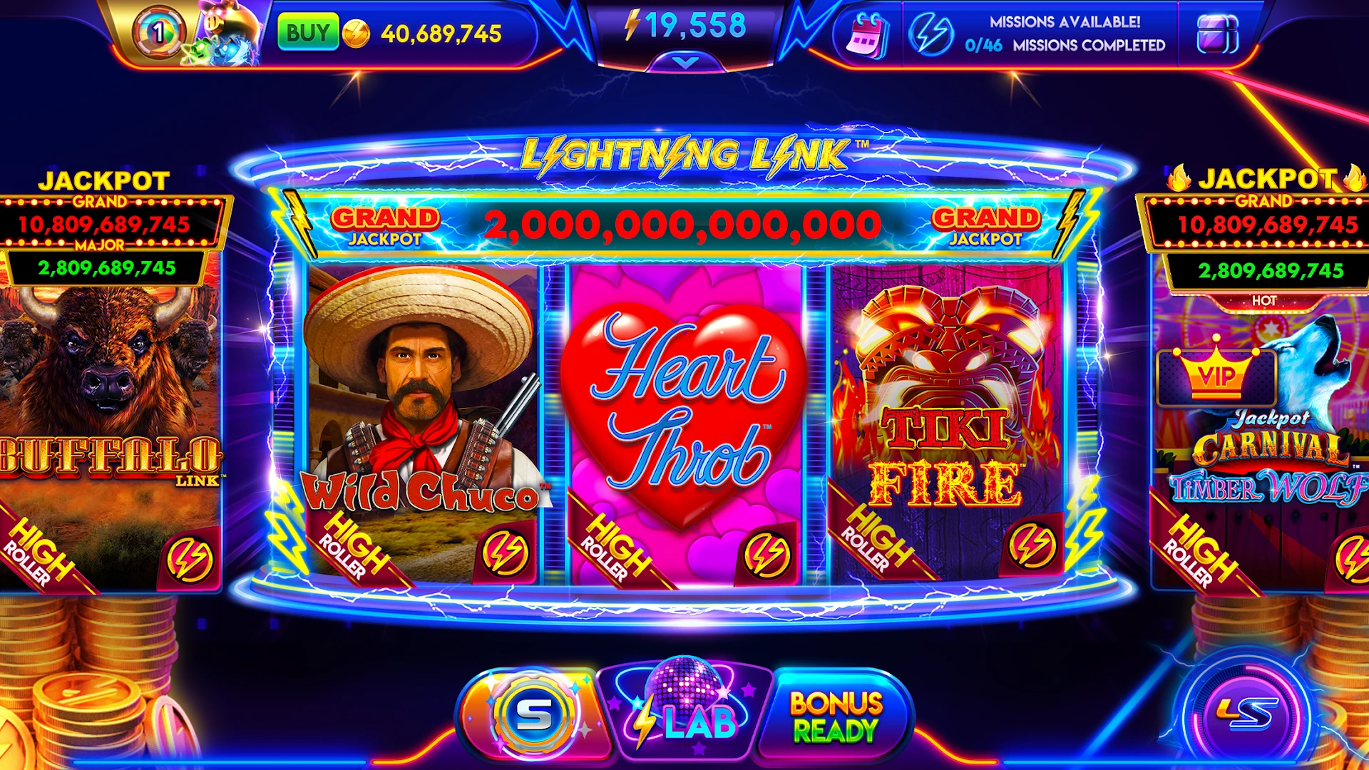 Official Lightning Link casino app lobby with its featured slot titles